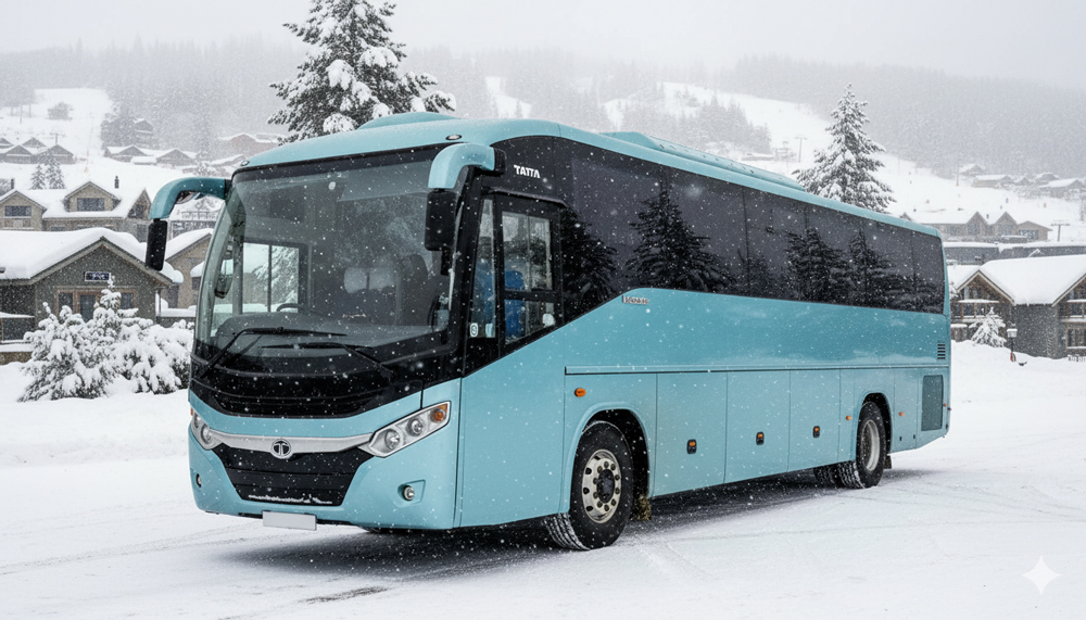 Tour bus driving through scenic snow-covered roads to Mt Buller